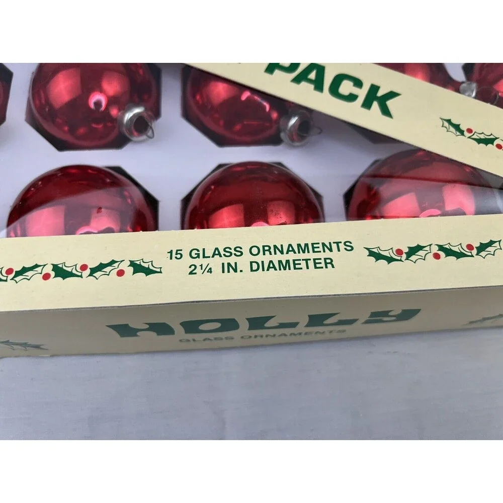 2 Pack VTG Holly Value‎ Pack 15 Glass Ornaments 2.25” Diameter Red Blue USA Made